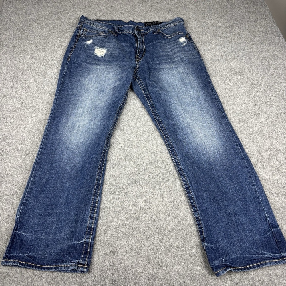 TK Axel‎ Jeans Mens 38x32 Relaxed Straight Y2K Distressed Medium Wash Blue Denim
